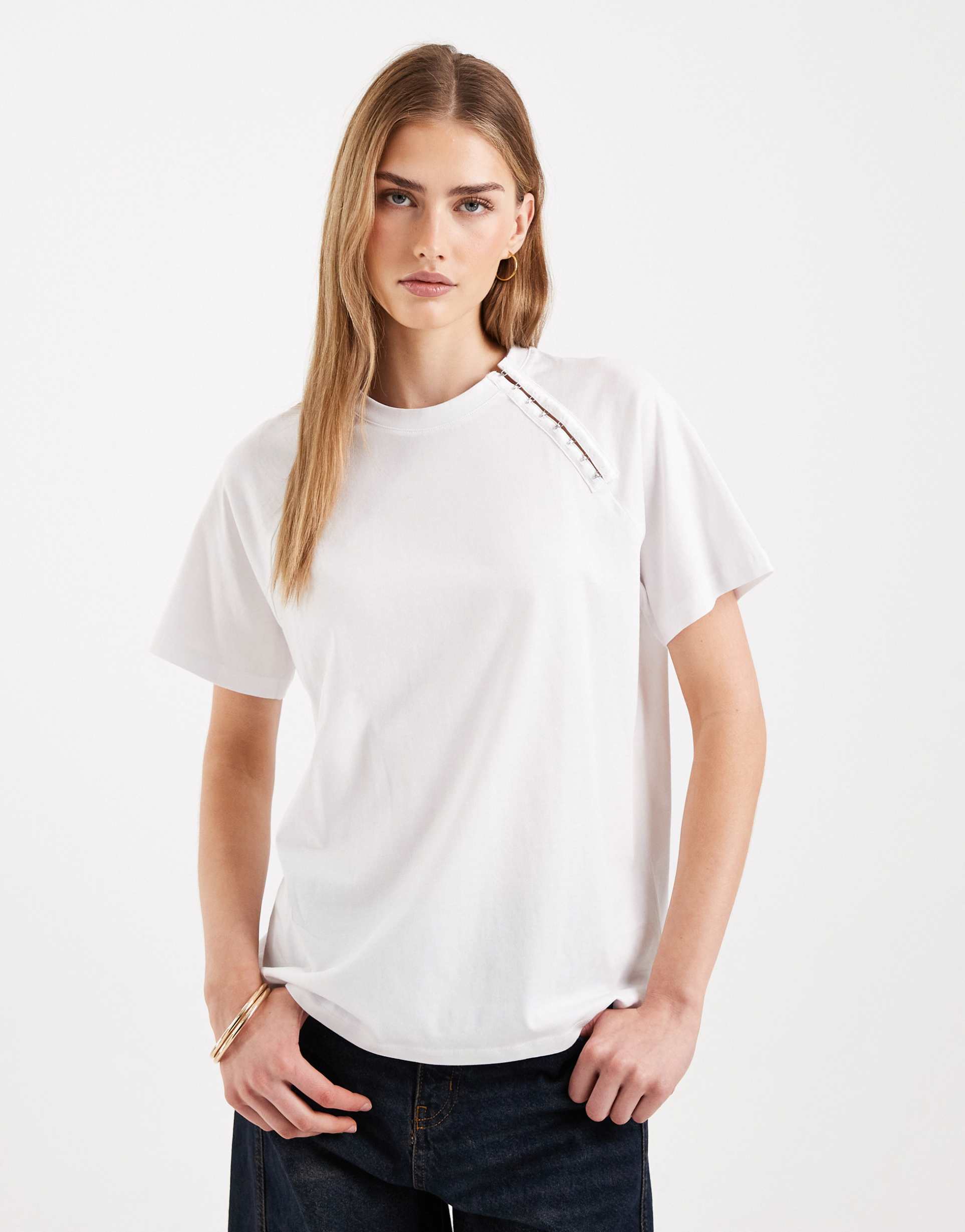 asos design short sleeve with hook and eye detail top in white