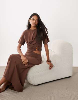 Asos Design Short Sleeve With Knot Detail And Cut Out Midi Dress In Brown