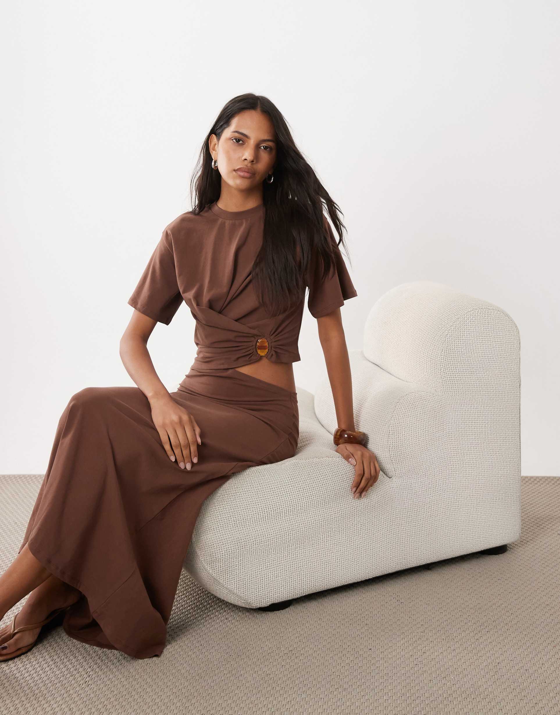 asos design short sleeve with knot detail and cut out midi dress in white in chocolate brown