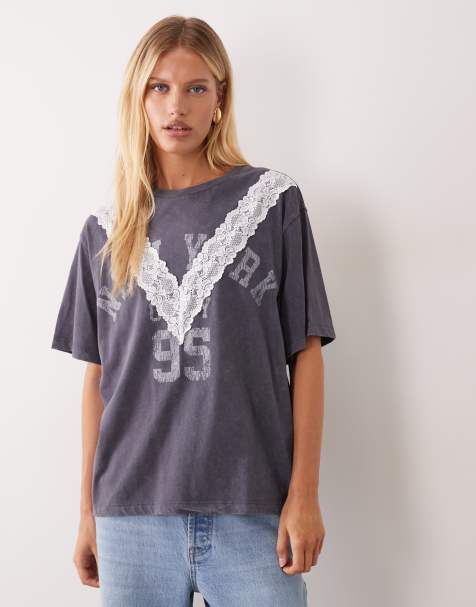 ASOS DESIGN short sleeve with lace and graphic print oversized t-shirt in charcoal - view 1