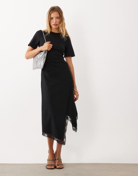 ASOS DESIGN short sleeve with lace detail with asymmetric midi dress in black - view 1