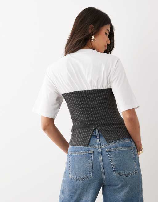 ASOS DESIGN short sleeve with pinstripe contrast top in grey and white, 4 of 4