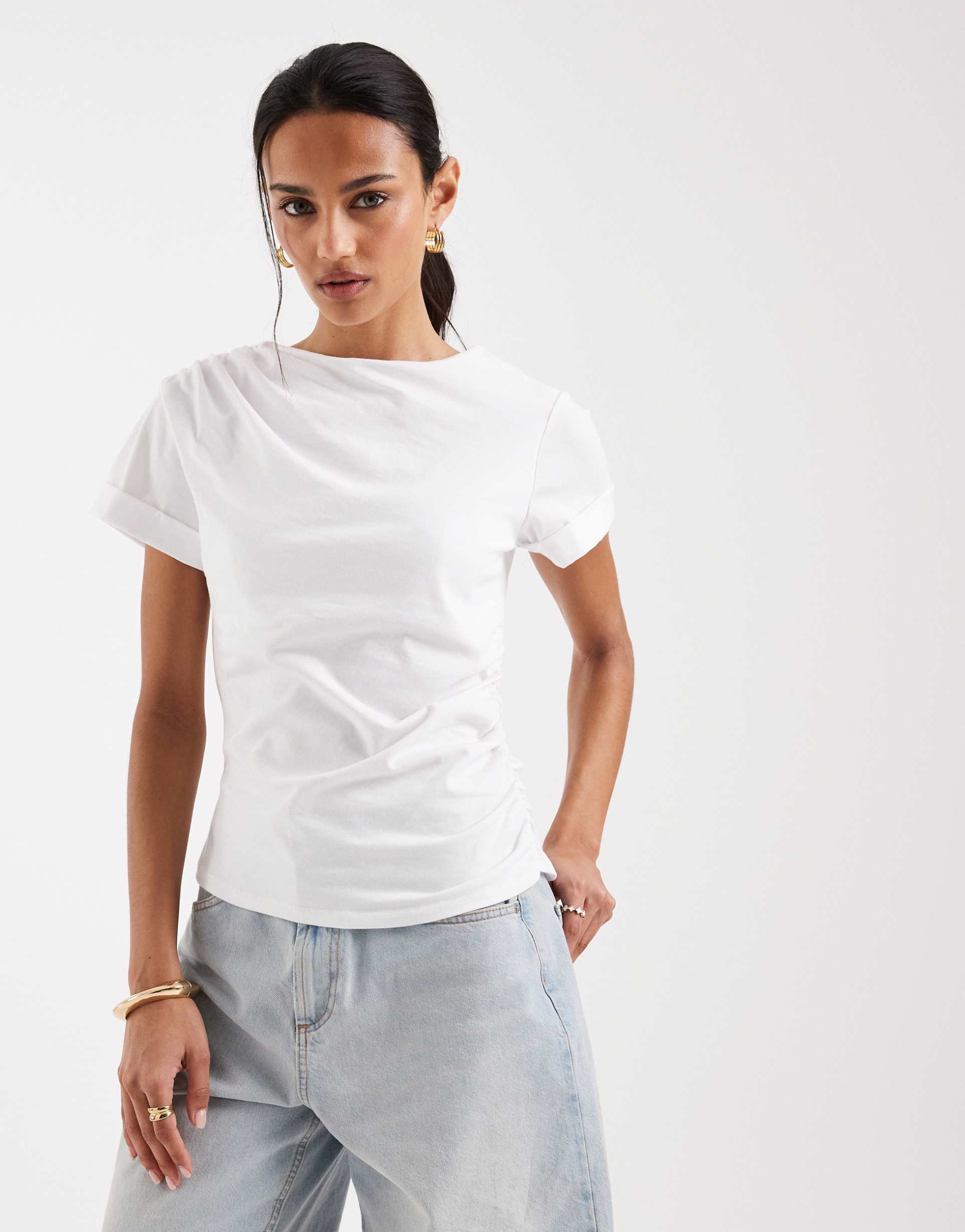 asos design short sleeve with ruching top in white