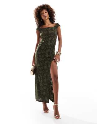 Asos Design Short Sleeve With Side Split Maxi Dress In Textured Ruffle In Khaki-green