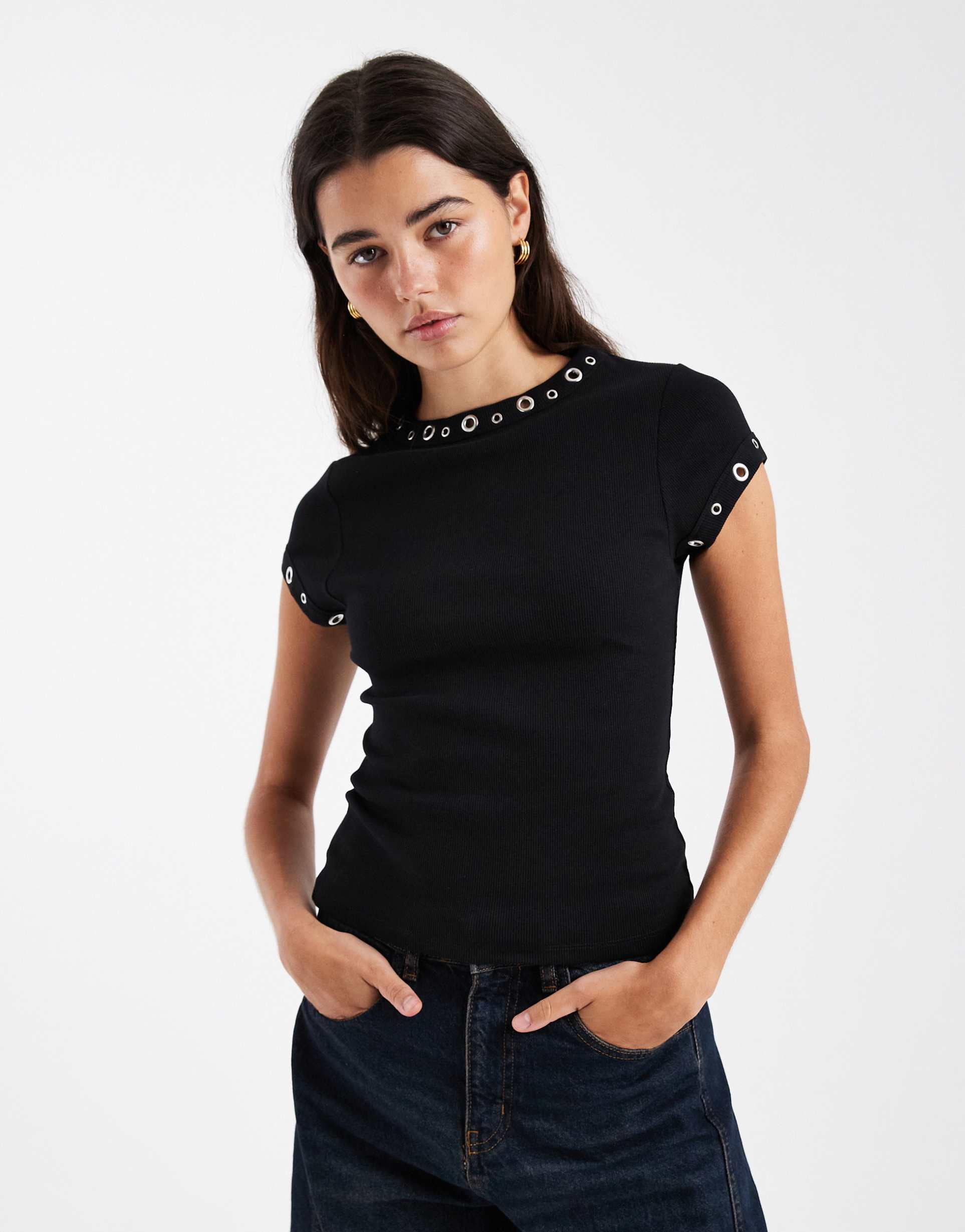 asos design short sleeve with stud detail top in black