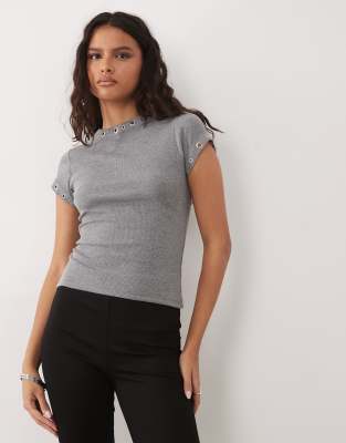 Asos Design Short Sleeve With Stud Detail Top In Gray
