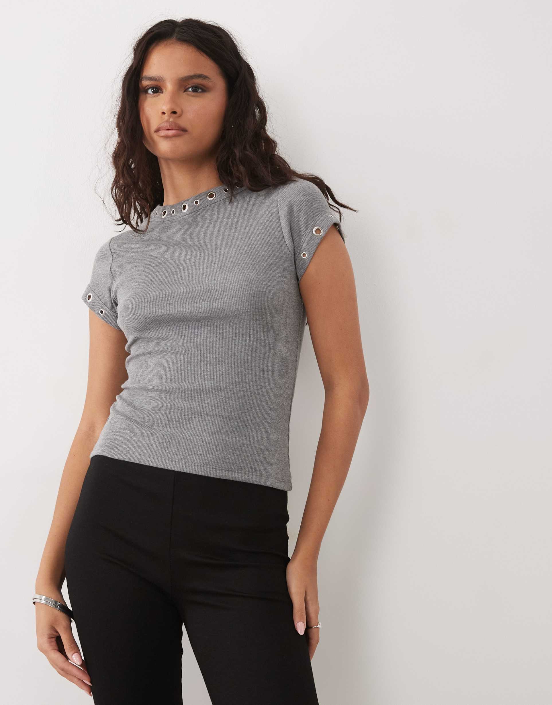 asos design short sleeve with stud detail top in gray heather