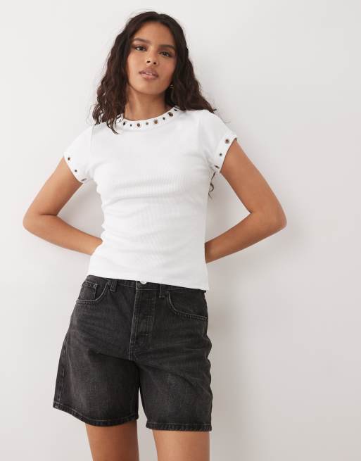 ASOS DESIGN short sleeve with stud detail top in white, 2 of 4