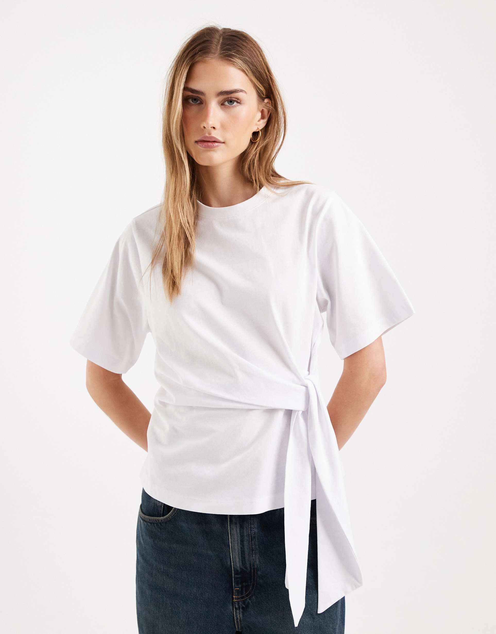 asos design short sleeve with tie detail top in white