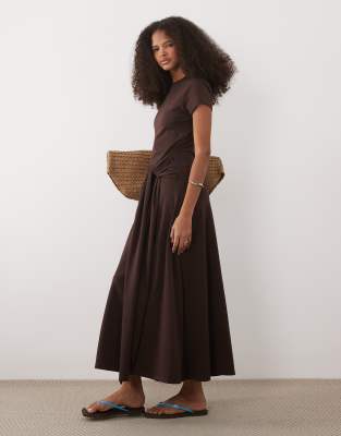 Asos Design Short Sleeve With Tie Waist Midi Dress In Brown