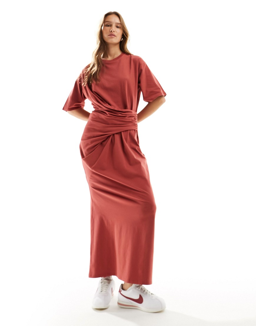 Asos Design Short Sleeve With Twist Detail Midaxi Dress In Terracotta-brown