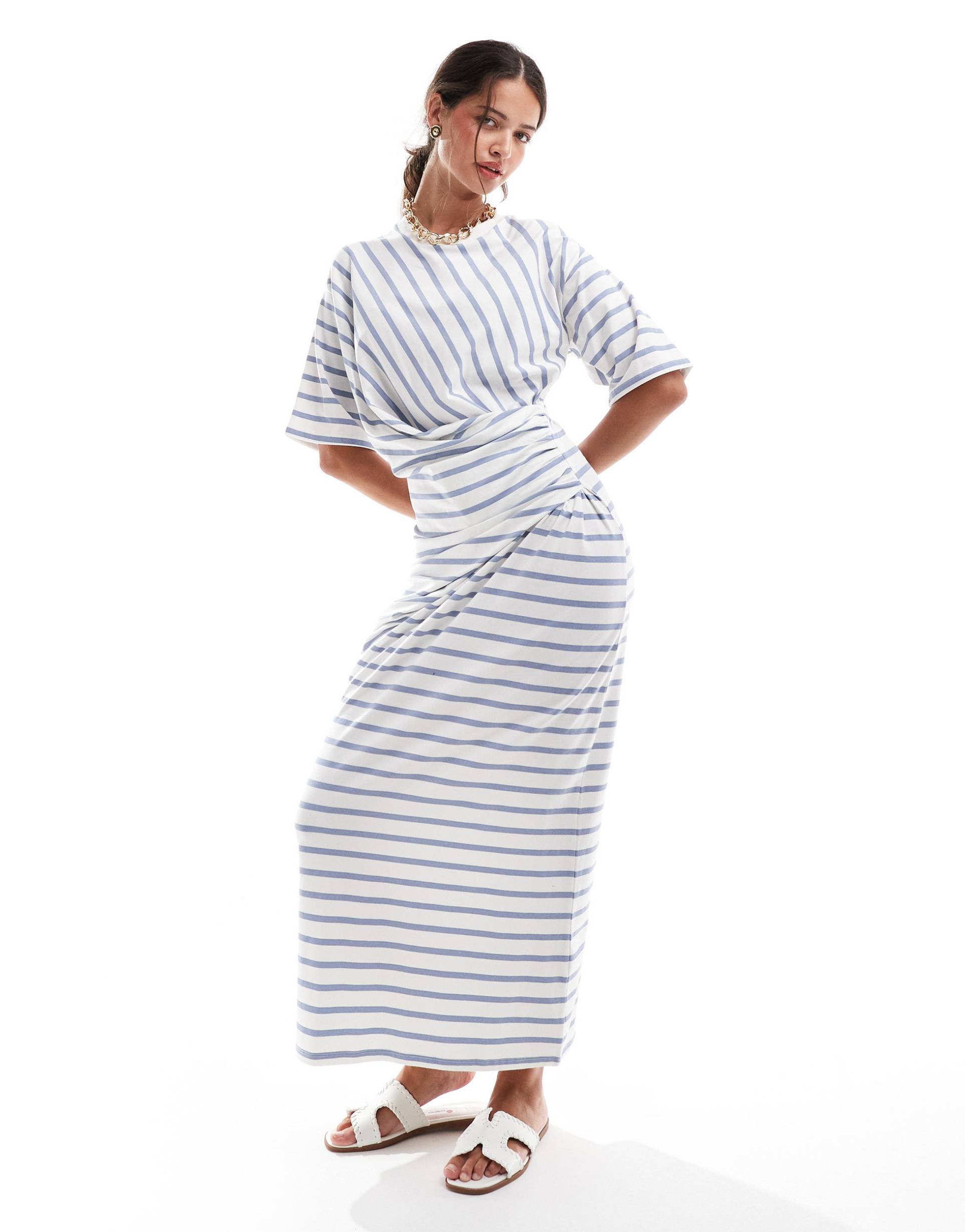 asos design short sleeve with twist detail midi dress in blue stripe