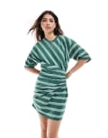 ASOS DESIGN short sleeve with twist detail mini dress in stripe in green and white-Multi