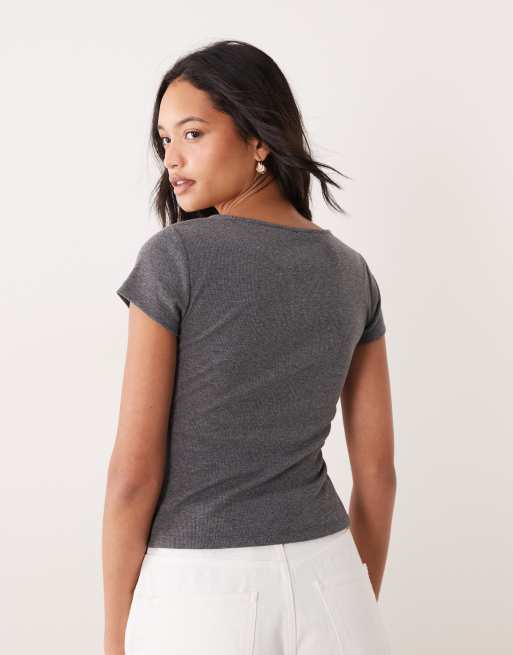 ASOS DESIGN short sleeve with v neck and black lace trim top in gray, 3 of 4