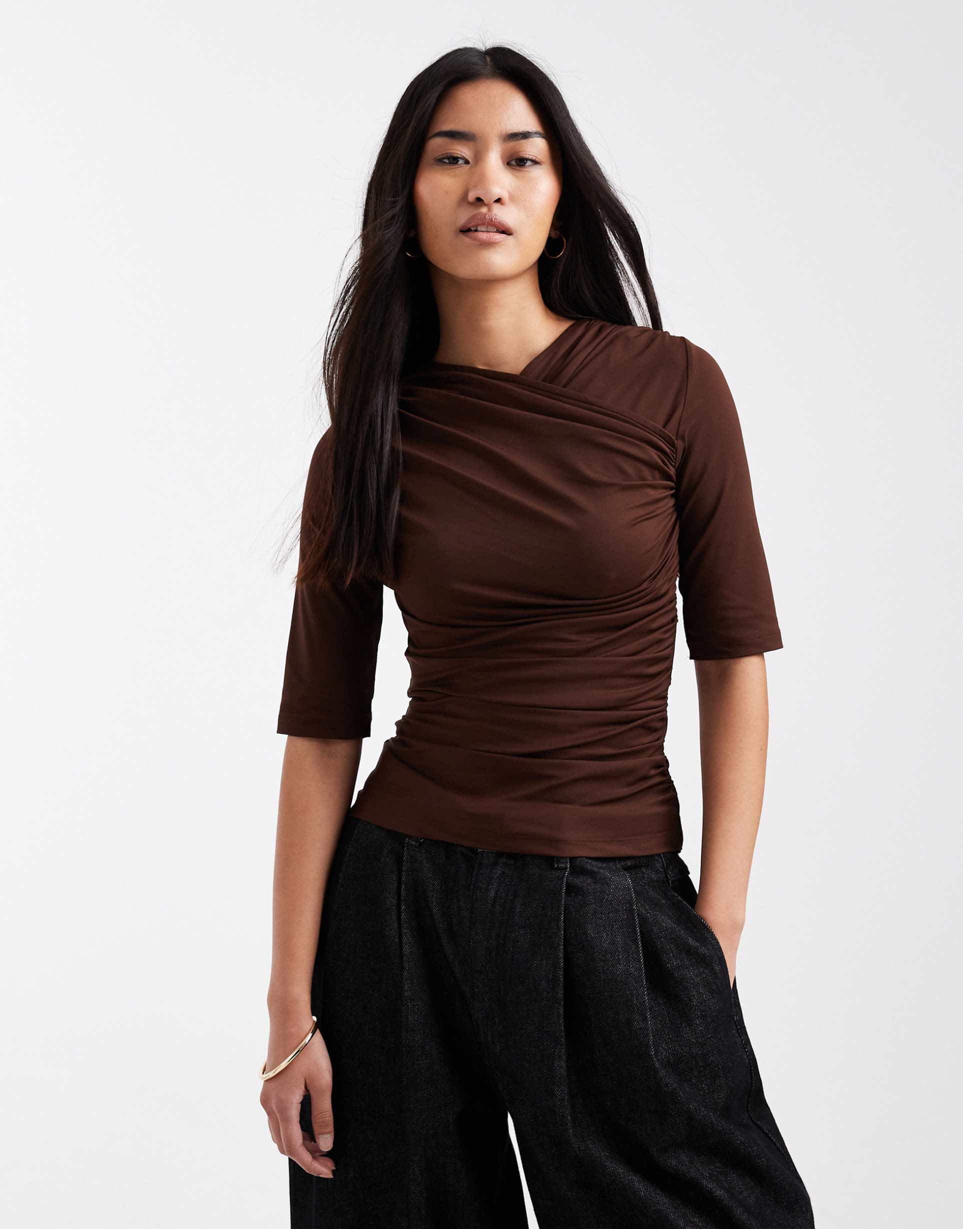 asos design short sleeve with wrap detail and ruching top in brown