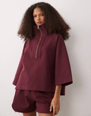 Asos Design Short Sleeve With Zip Detail Top In Burgundy