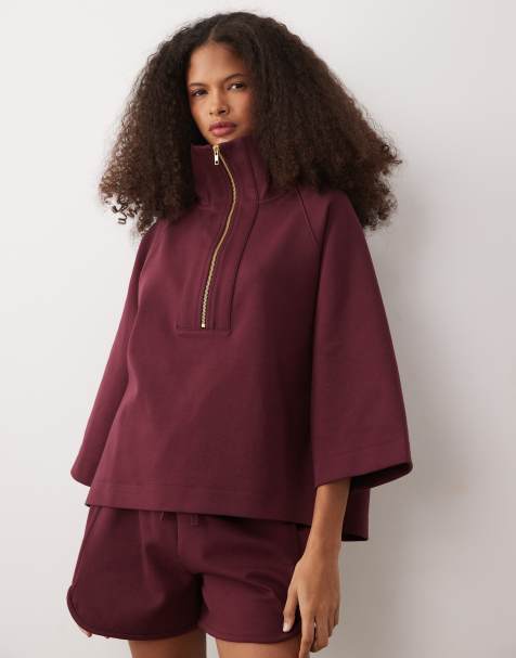 ASOS DESIGN short sleeve with zip detail top in burgundy in scuba-style fabric