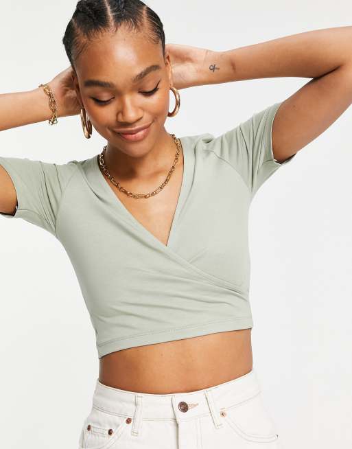 ASOS DESIGN short sleeve wrap front crop top in mint, 3 of 4