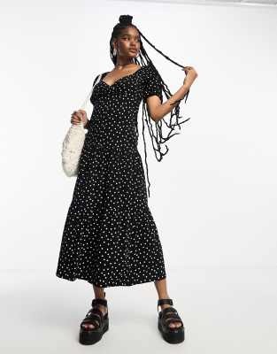 ASOS DESIGN short sleeve wrap tiered midi dress in black base spot-Multi