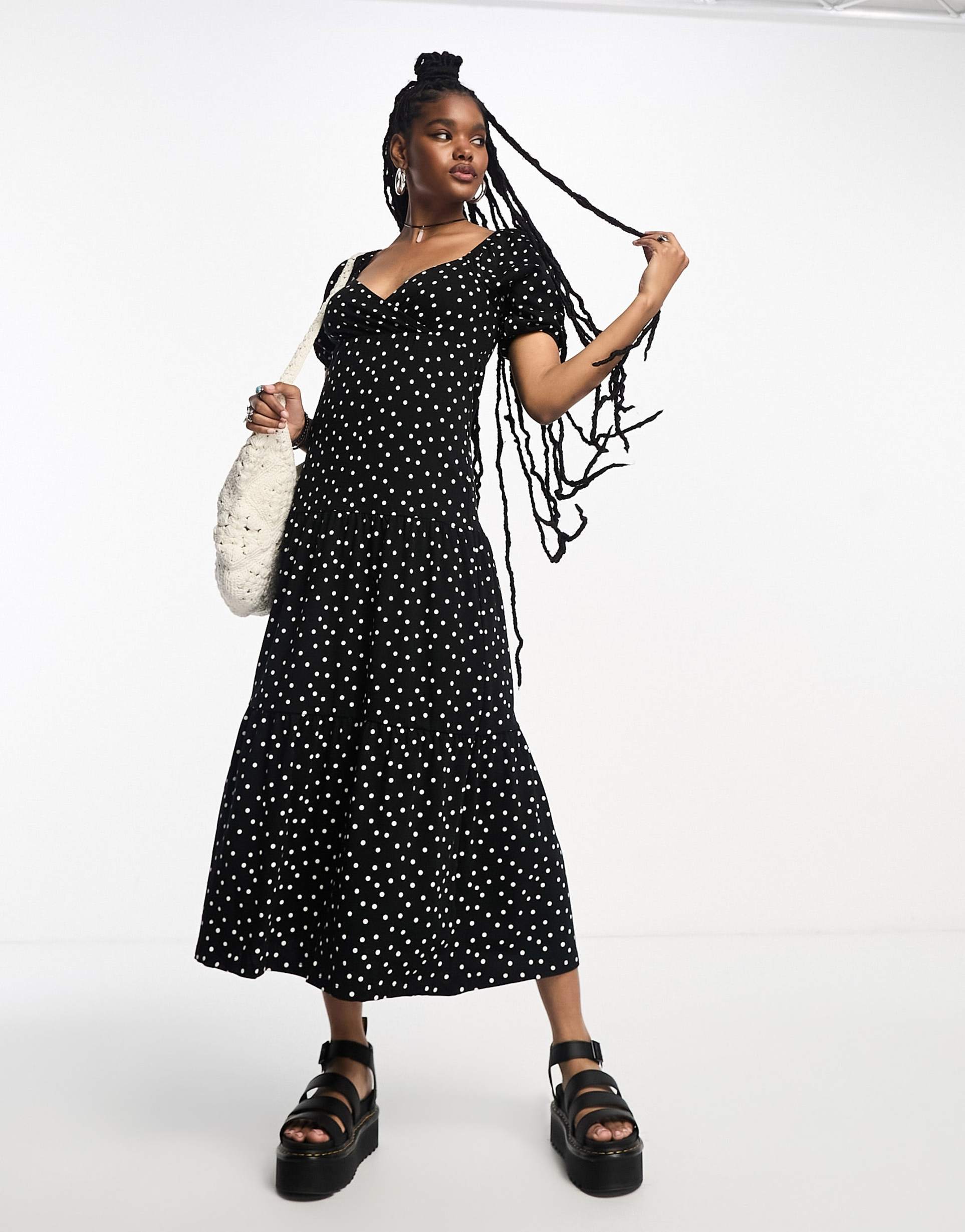 asos design short sleeve wrap tiered midi dress in black base spot