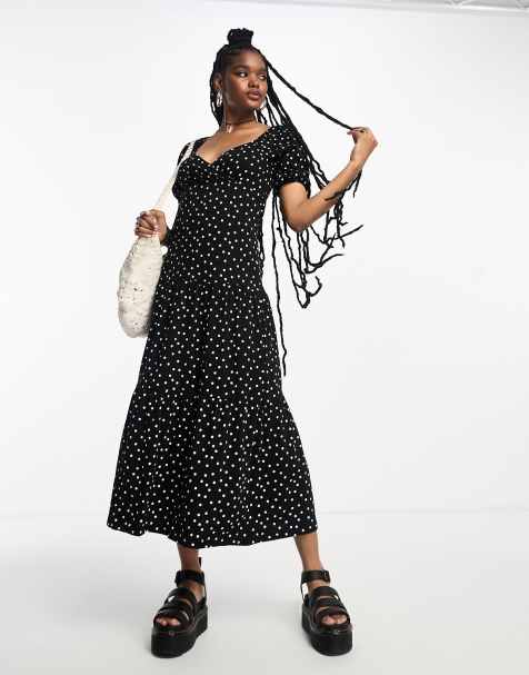  ASOS DESIGN short sleeve wrap tiered midi dress in black base spot 