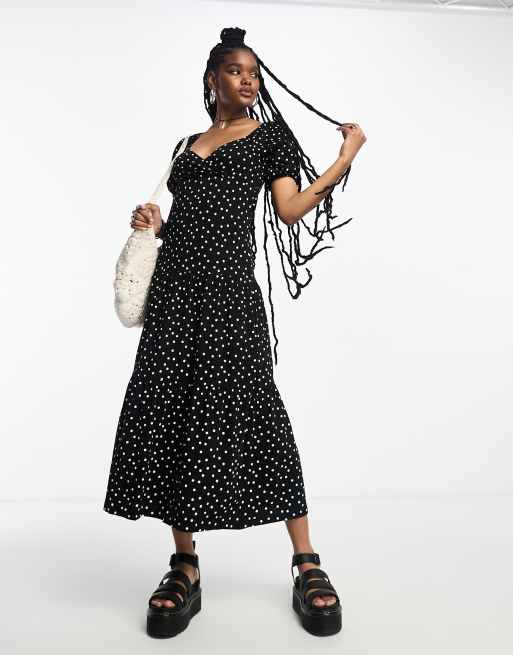 ASOS DESIGN short sleeve wrap tiered midi dress in black base spot