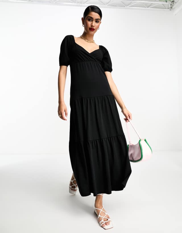 ASOS DESIGN short sleeve wrap tiered midi dress in black