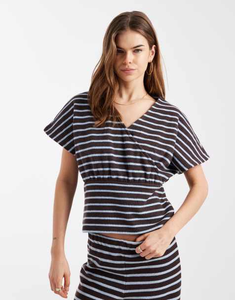 ASOS DESIGN short sleeve wrapped cinced co-ord top in stripe
