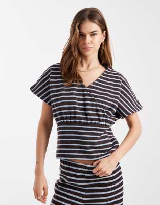 Asos Design Short Sleeve Wrapped Cinced Top In Blue