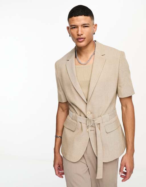 ASOS DESIGN slim short sleeve suit jacket in brown