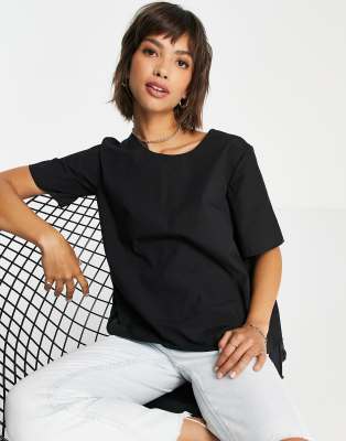 ASOS DESIGN short-sleeved cotton top with back pleating in black | ASOS