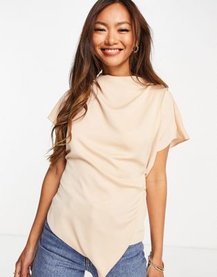 ASOS DESIGN short sleeved drape front top with tab side in camel-Brown