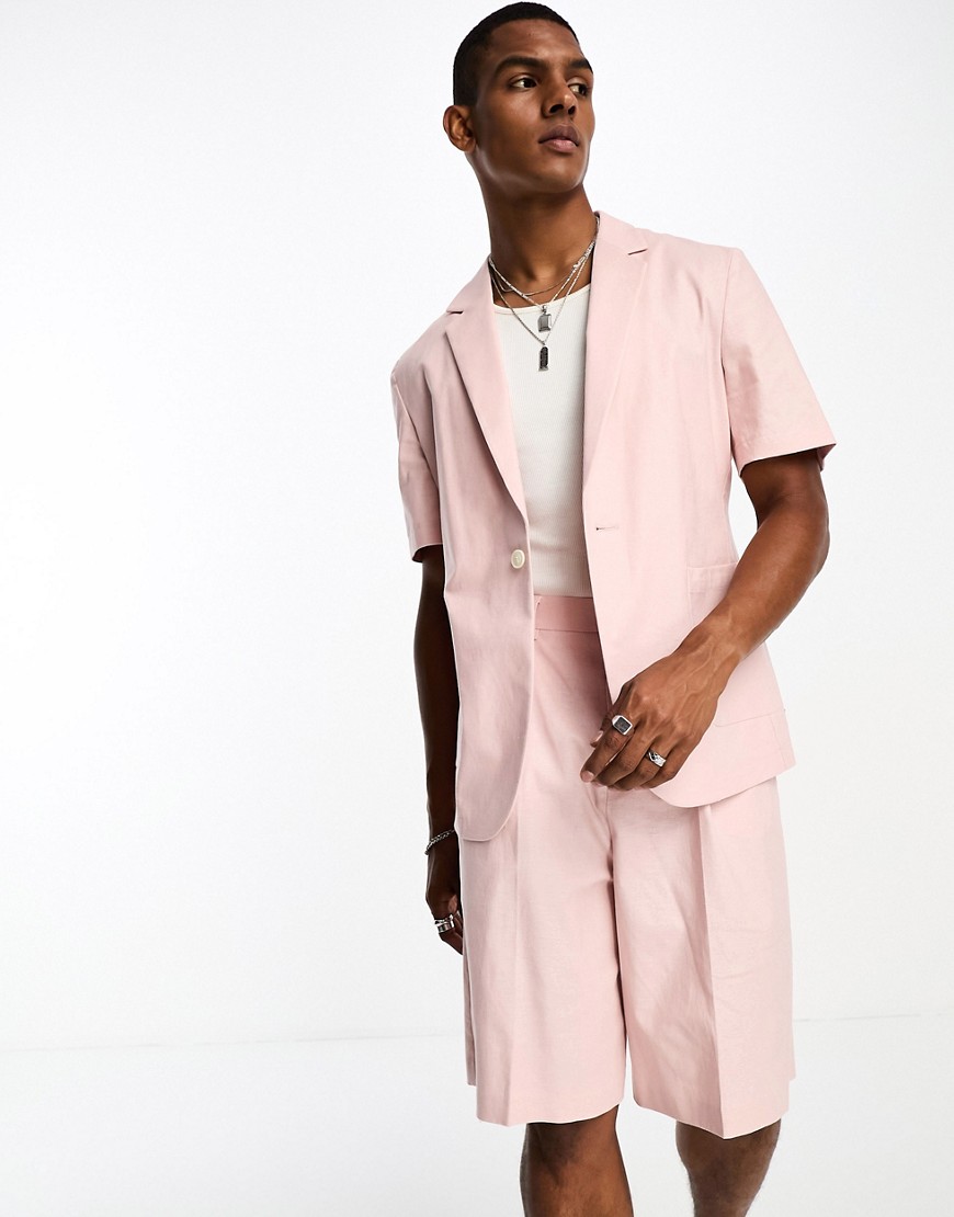 ASOS DESIGN short sleeved linen mix suit jacket in pink