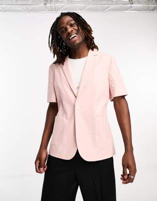 ASOS DESIGN short sleeved linen mix suit jacket in pink | ASOS