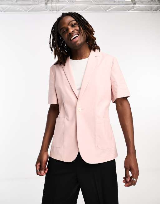 ASOS DESIGN short sleeved linen mix suit jacket in pink