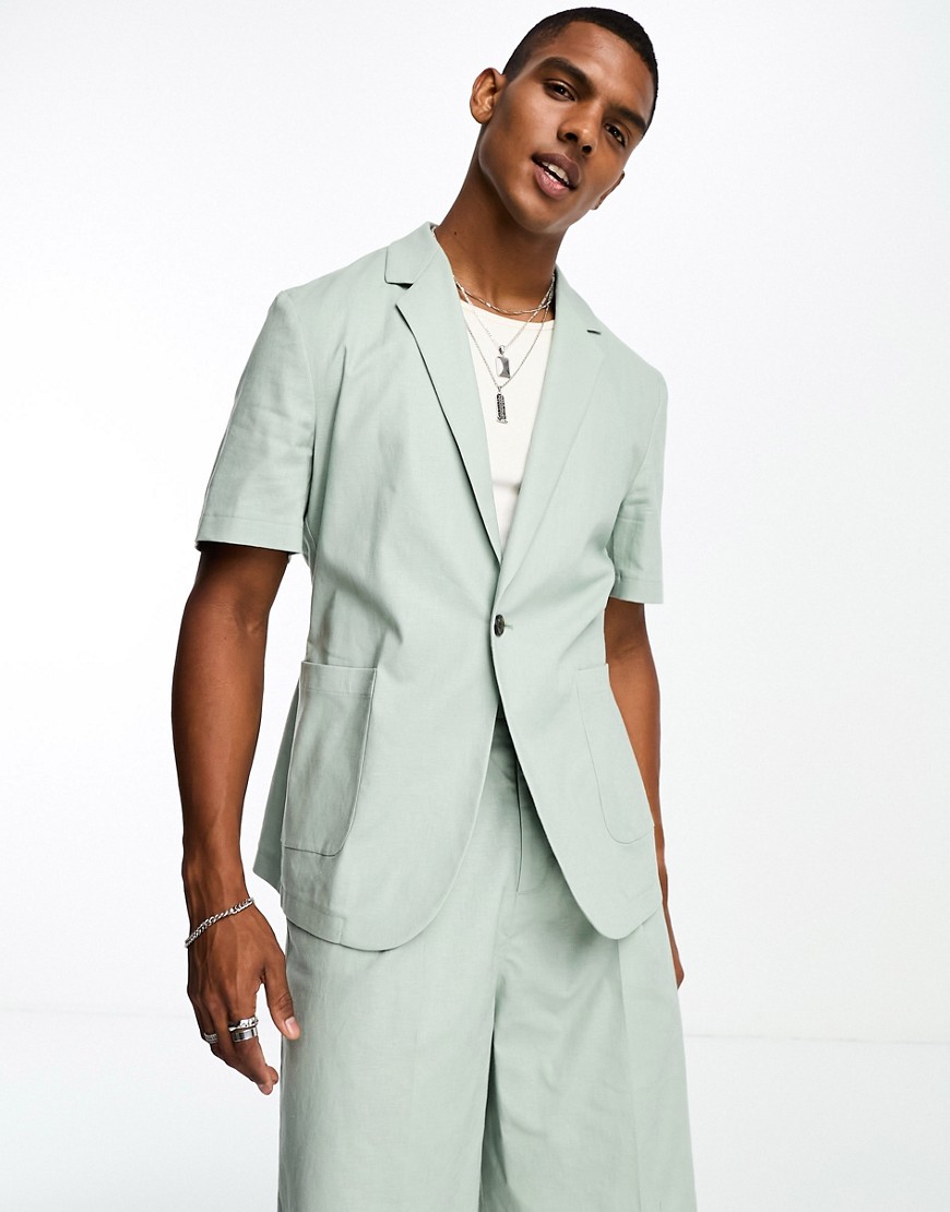 Asos Design Short Sleeved Linen Mix Suit Jacket In Sage-green