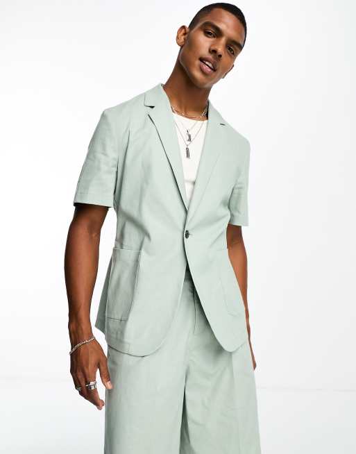 ASOS DESIGN short sleeved linen mix suit jacket in sage