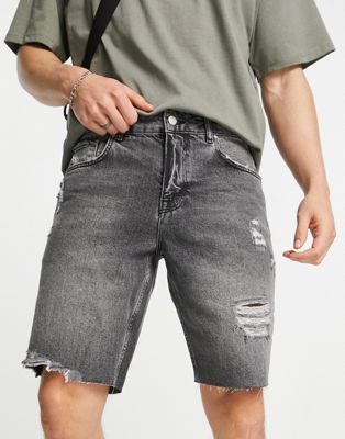 Shorts en jean Short slim effet usé en jean avec ourlets bruts - Gris délavé