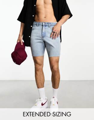 ASOS DESIGN slim denim shorts in light blue wash with raw hem - ASOS Price Checker