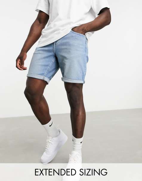 Short chino en coton bleu uni aspect denim avec une coupe slim