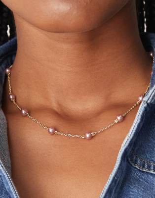 Asos Design Short Station Necklace With Pale Pink Faux Pearls