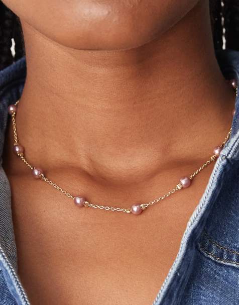 ASOS DESIGN short station necklace with pale pink faux pearls - view 1