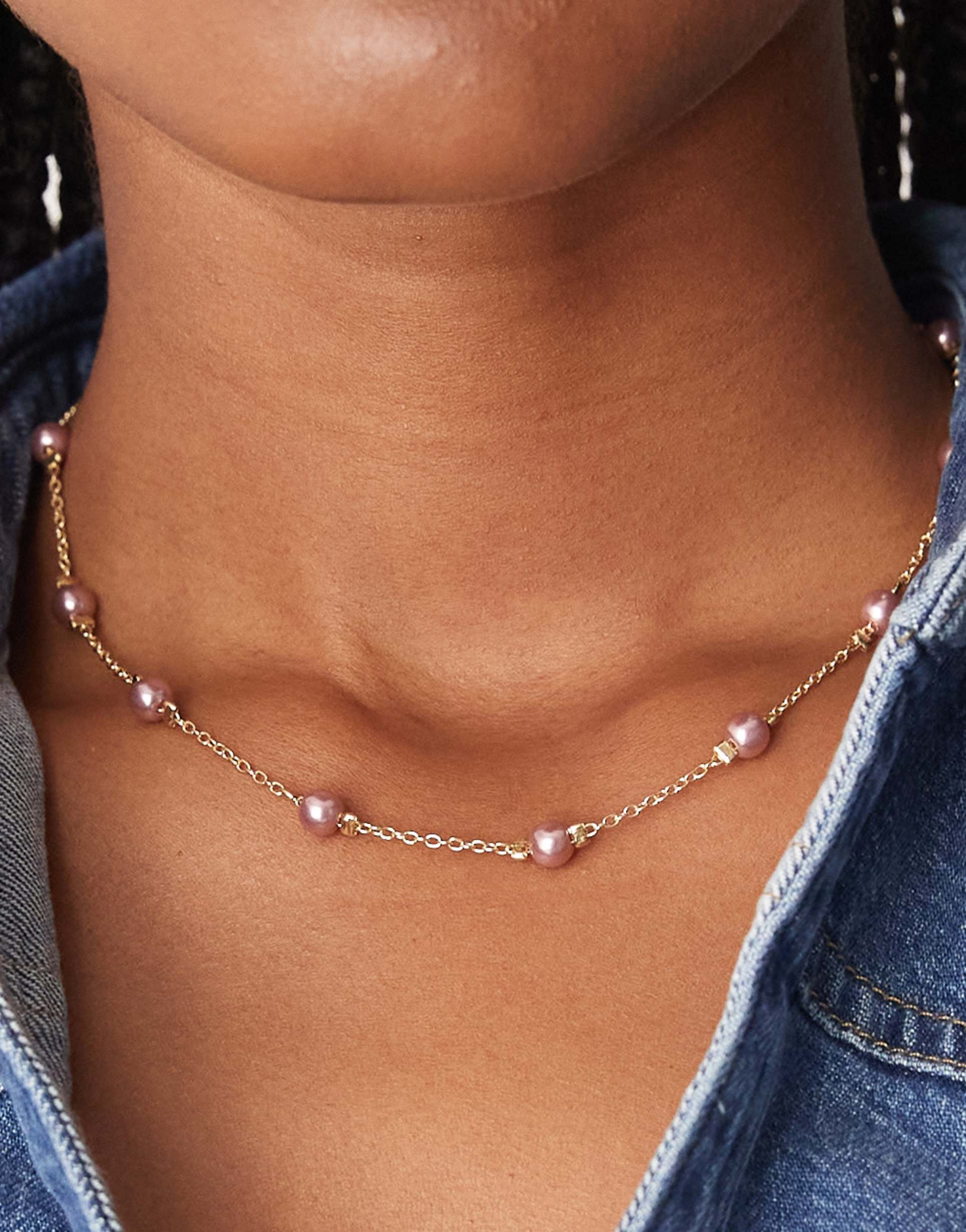 asos design short station necklace with pale pink faux pearls