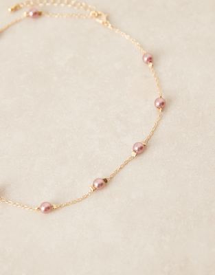 Asos Design Short Station Necklace With Pale Pink Faux Pearls In Pink