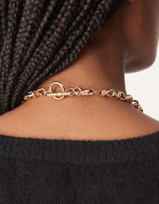 Asos Design Short T-bar Necklace With Chunky Twisted Chain Links In Gold