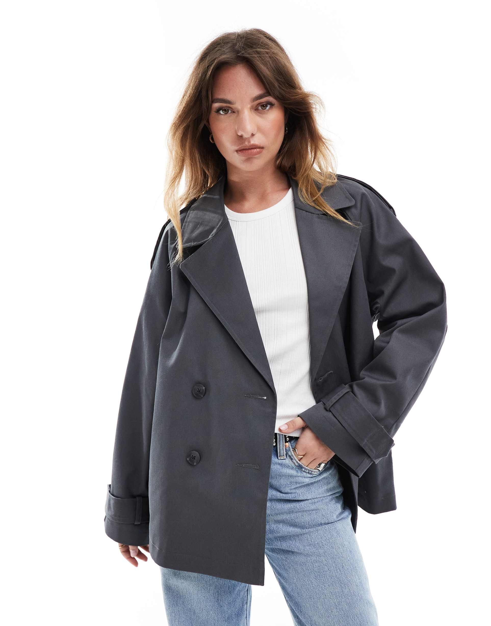 asos design short trench coat in charcoal