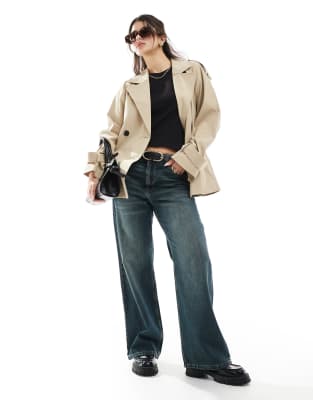 Asos Design Short Trench Coat In Stone-neutral In Neutral