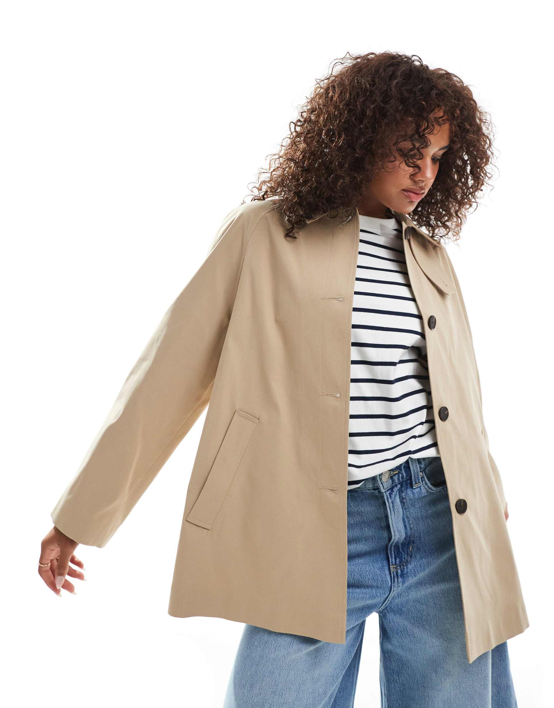 asos design short trench coat in stone