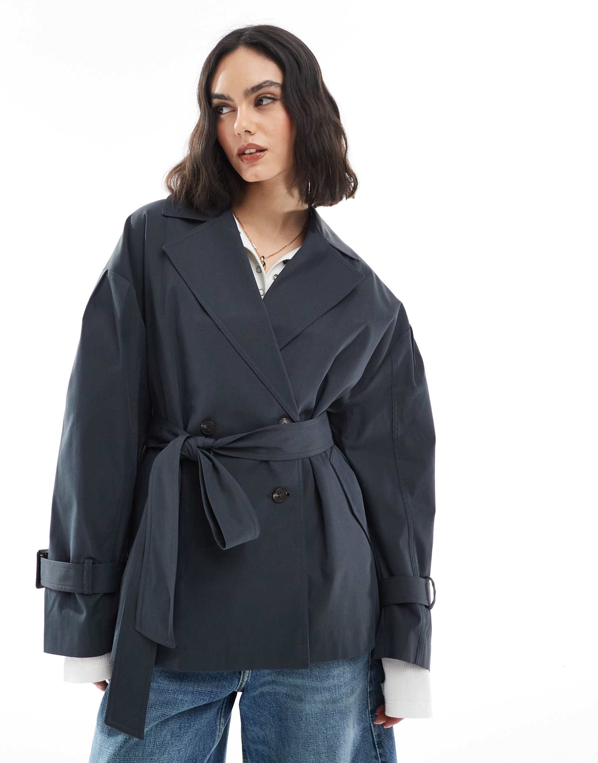 asos design short trench coat with belt in navy