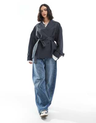 Asos Design Short Trench Coat With Belt In Navy